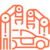 Orangefarbene Strichzeichnung eines Autos auf einem Fließband mit zwei Roboterarmen, die daran arbeiten, als Darstellung der Automobilherstellung oder Automatisierung.