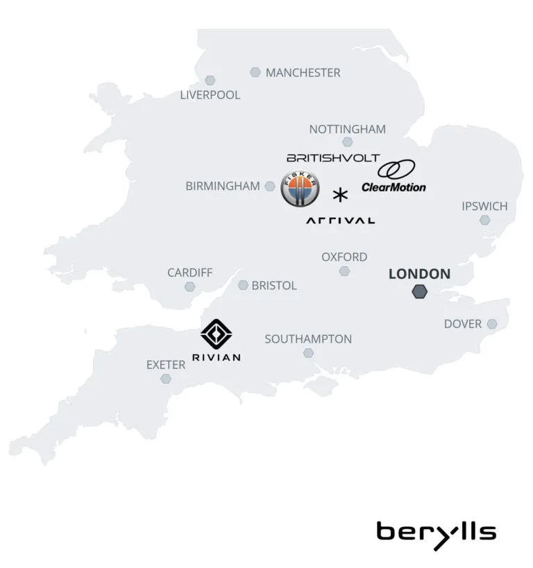 A map of southern England highlights major cities and shows the logos of Britishvolt, ClearMotion, Arrival, and Rivian at various locations, with the berylls logo in the bottom right corner.