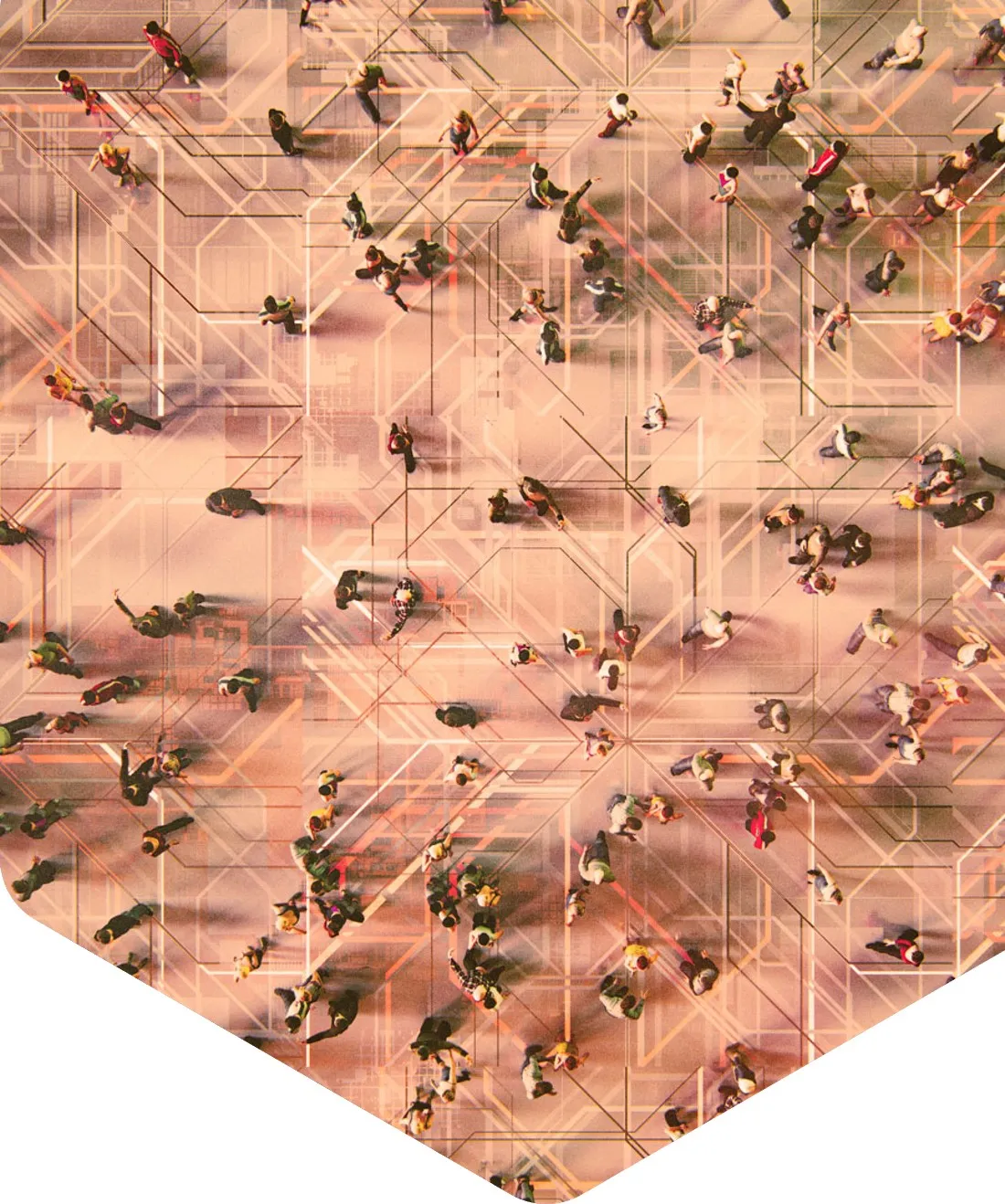 Draufsicht auf viele Menschen, die auf einer gemusterten Fläche laufen, deren sich kreuzende Linien an eine Leiterplatte erinnern. Die Menschenmenge ist über das Bild verstreut und wirft lange Schatten. Der untere Rand bildet eine spitze Chevronform.